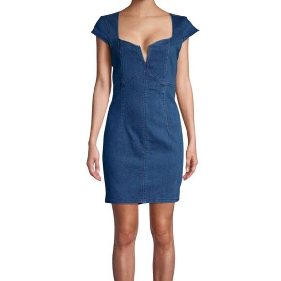 Free People Lia Denim Mini Dress Dark Wash Blue Bodycon Small - Picture 1 of 7